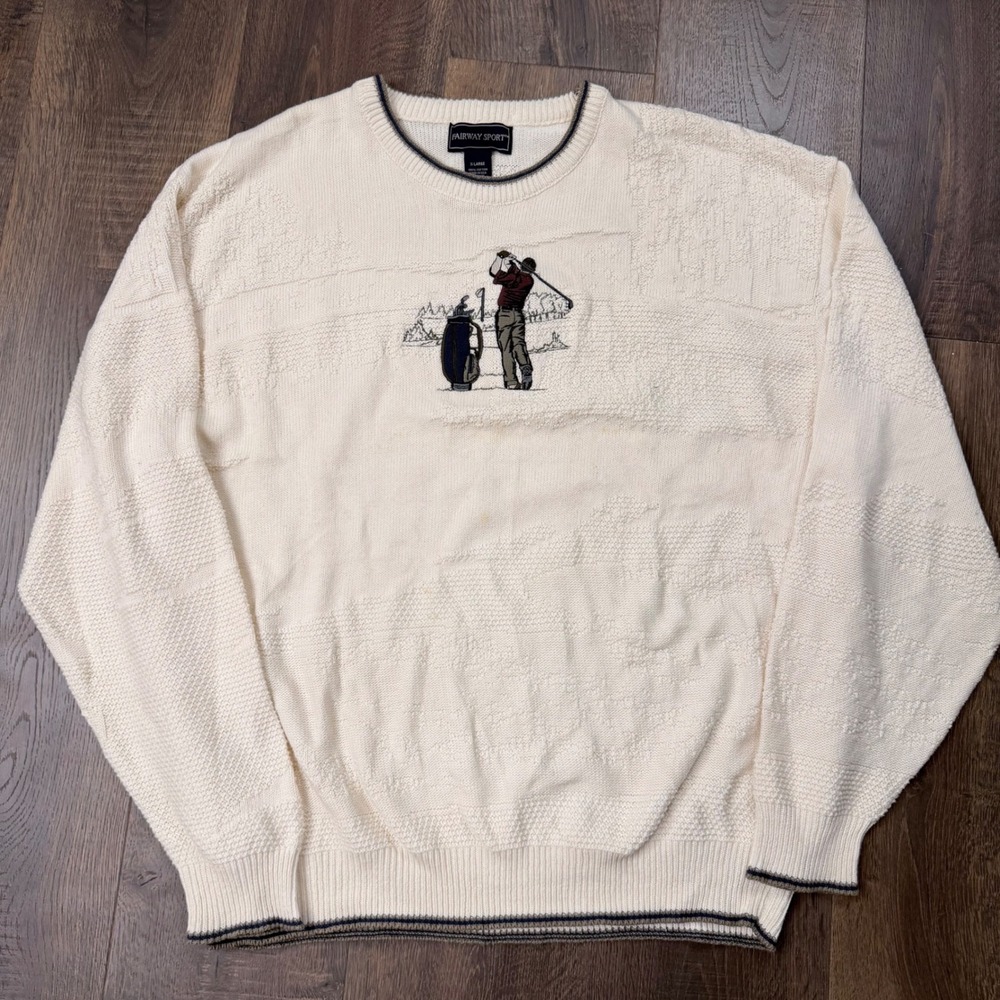 Fairway Sport Men's XL Vintage 90s Cream Golf Sweater Embroidered USA
